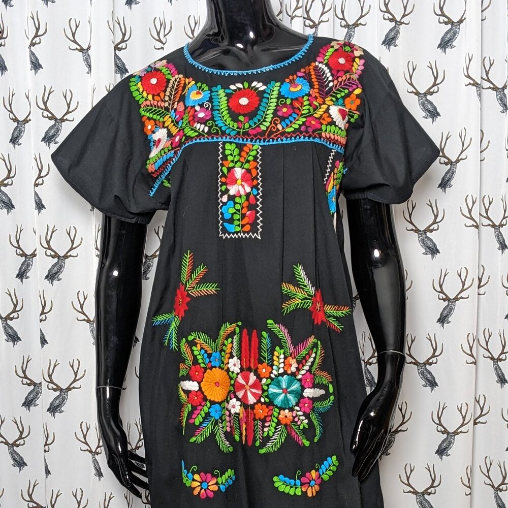 Black Cotton Mexican Embroidered Maxi Dress With Two Belts